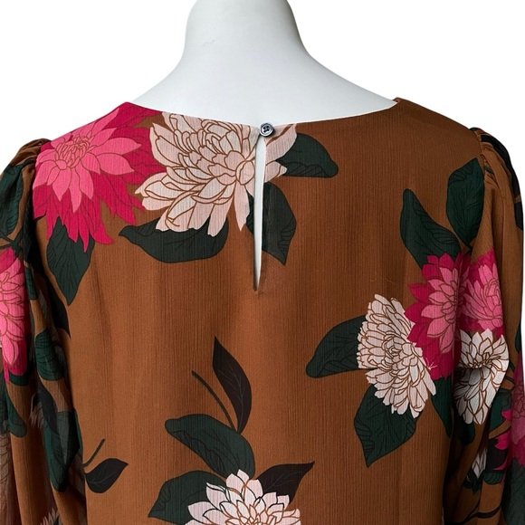 Ann Taylor Factory Sheer Brown Floral Overlay Balloon Sleeve Blouse, Sz M - Picture 11 of 13